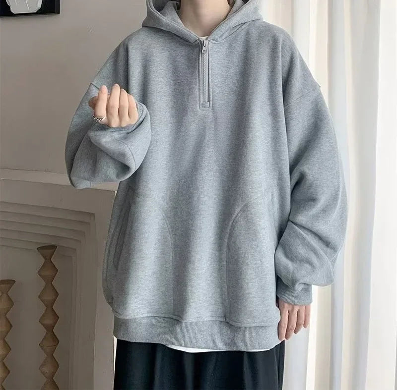 xiangtuibao Solid Color Half Zippered Sweater for Men's Spring and Autumn Plush Trend Loose Heavy Weight Jacket Ins Trendy Brand Hooded Top