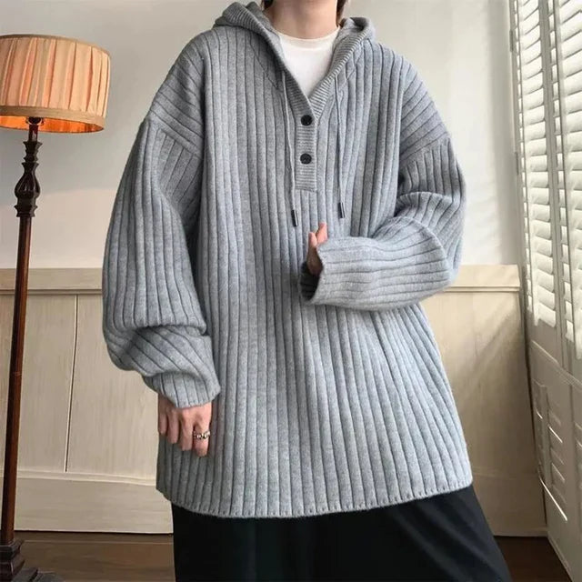 xiangtuibao Spring Autumn Mens Solid Hooded Top Trend Fashion Y2k Streetwear American Hooded Loose Knitted Sweater Unisex Long Sleeve Hoodie