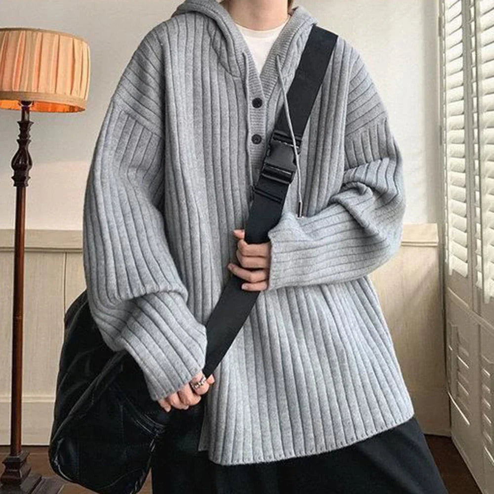 xiangtuibao Spring Autumn Mens Solid Hooded Top Trend Fashion Y2k Streetwear American Hooded Loose Knitted Sweater Unisex Long Sleeve Hoodie
