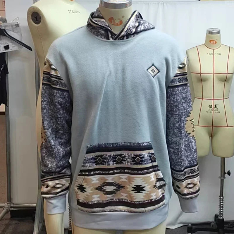 xiangtuibao Vintage Hoodie For Men's Casual Ethnic Geometric Print Sherpa Sweatshirt Autumn Winter Long Sleeve Patchwork Men Pullovers Tops