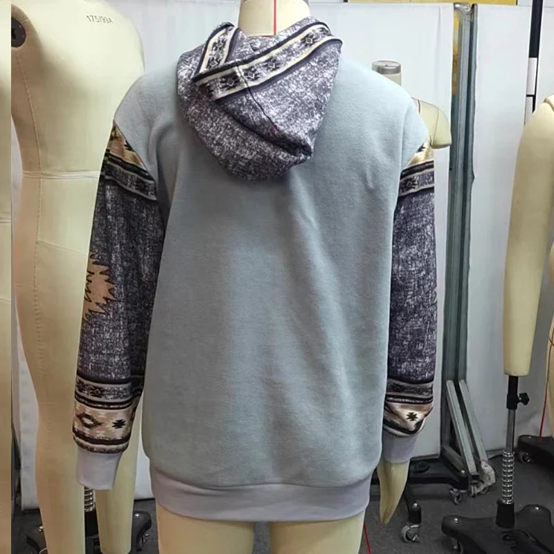xiangtuibao Vintage Hoodie For Men's Casual Ethnic Geometric Print Sherpa Sweatshirt Autumn Winter Long Sleeve Patchwork Men Pullovers Tops