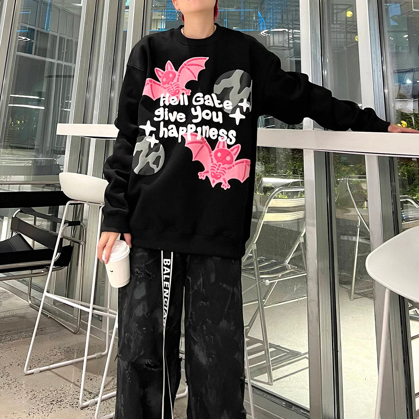 xiangtuibao Y2k Pink Bat Letter Foam Black Fleece Sweatshirts for Men and Women Ropa Hombre Velvet Sudaderas O Neck Casual Baggy Hoodies
