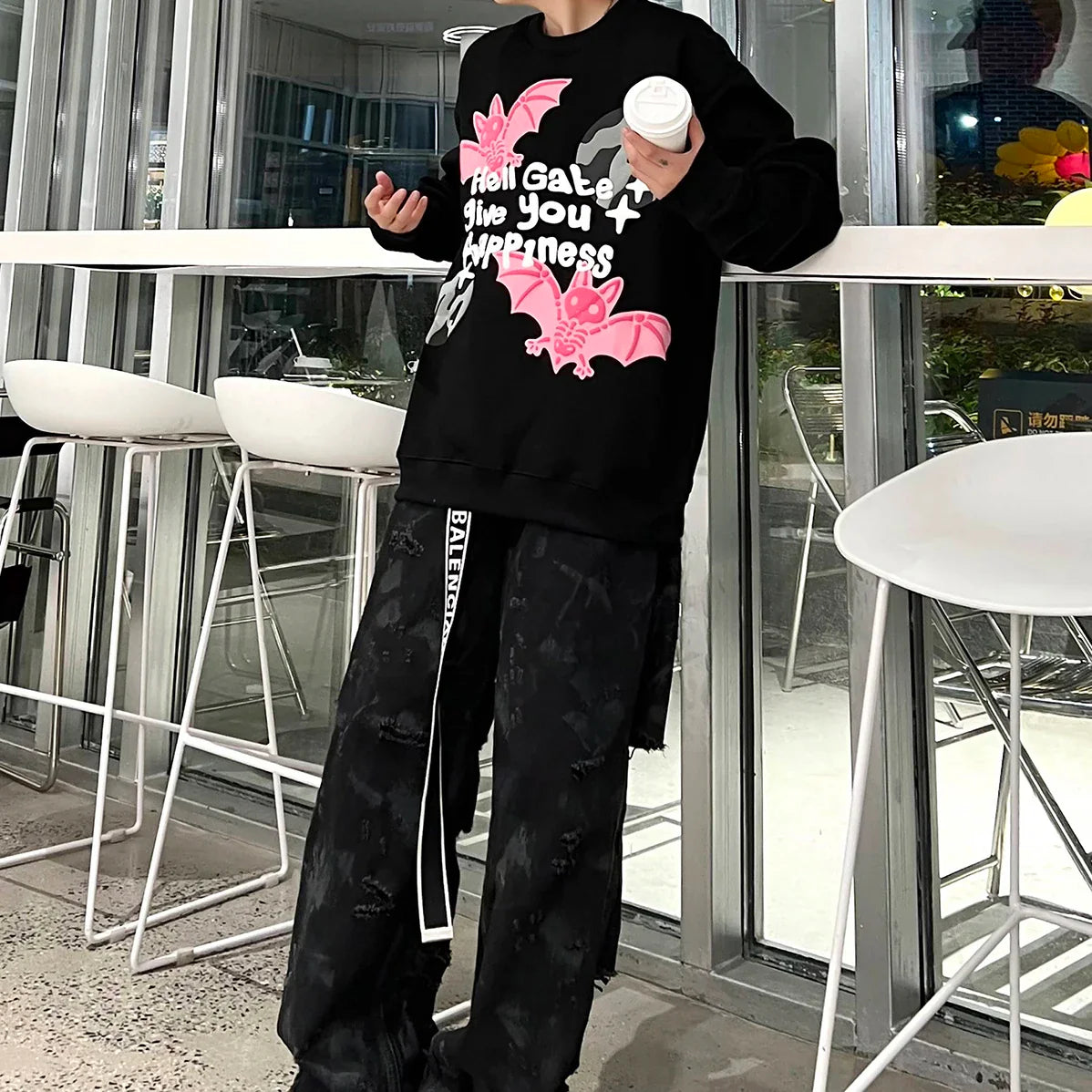 xiangtuibao Y2k Pink Bat Letter Foam Black Fleece Sweatshirts for Men and Women Ropa Hombre Velvet Sudaderas O Neck Casual Baggy Hoodies