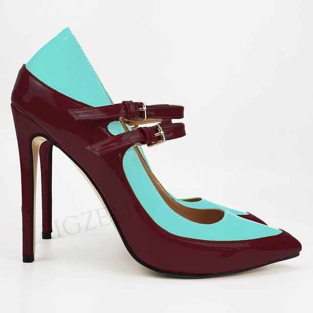 Pinpaixiong Color Contrast Women Heels Buckle Straps Desgin 12CM High Heels Shoes Women Scarpe Donna Tacones Size 34 43 44 47
