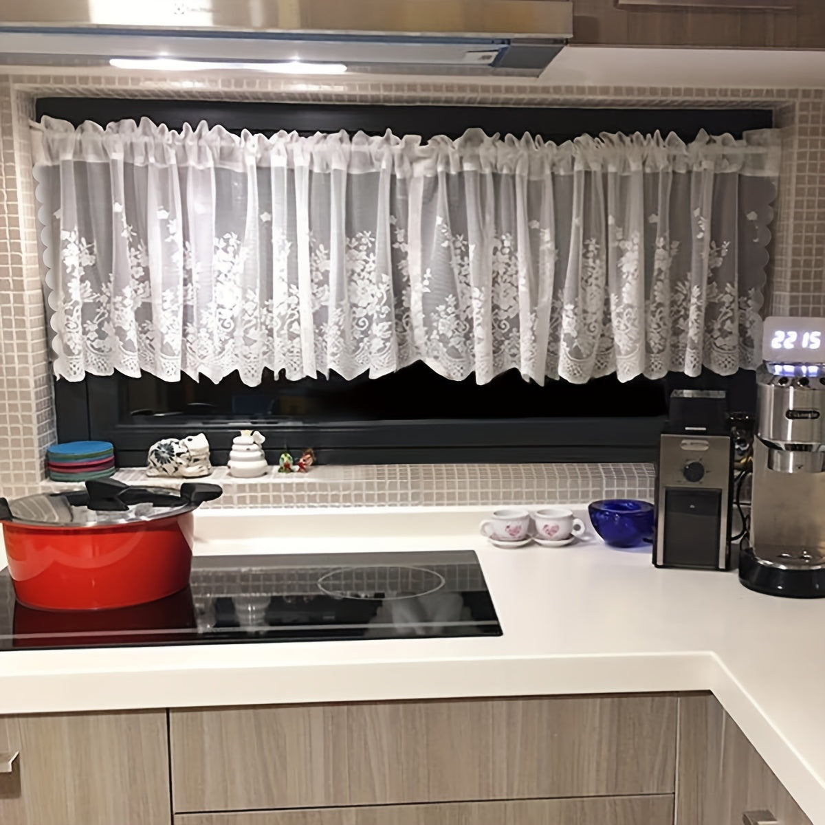 1pc Lace Small Flower Cafe Curtain, Simple And Sweet Lace Small Window Curtain, Rod Pocket, White Window Curtain Suitable For Kitchen And Dining Room, Window And Door Decoration, Cabinet Curtain Home Decor