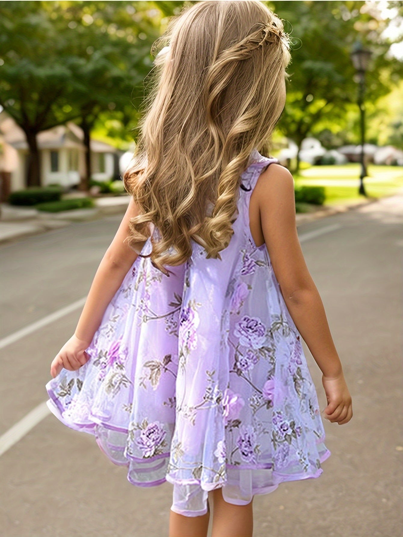 2-Layer Chiffon Sleeveless Floral Mesh Overlay Party Dress for Girls - Twist Details, Semi-Sheer, Loose Fit, Crew Neck, Brief Length, Non-Stretch Polyester, All-Season Wear, Casual Style - Perfect for Birthday and Summer Events