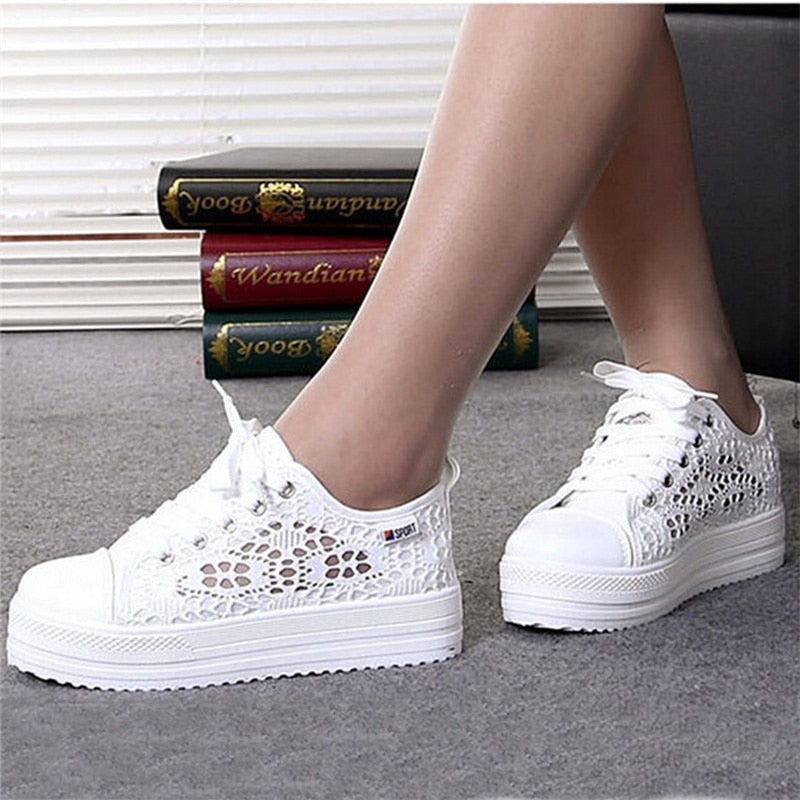 Women shoes fashion summer casual white shoes cutouts lace canvas hollow breathable platform flat shoes woman sneakers