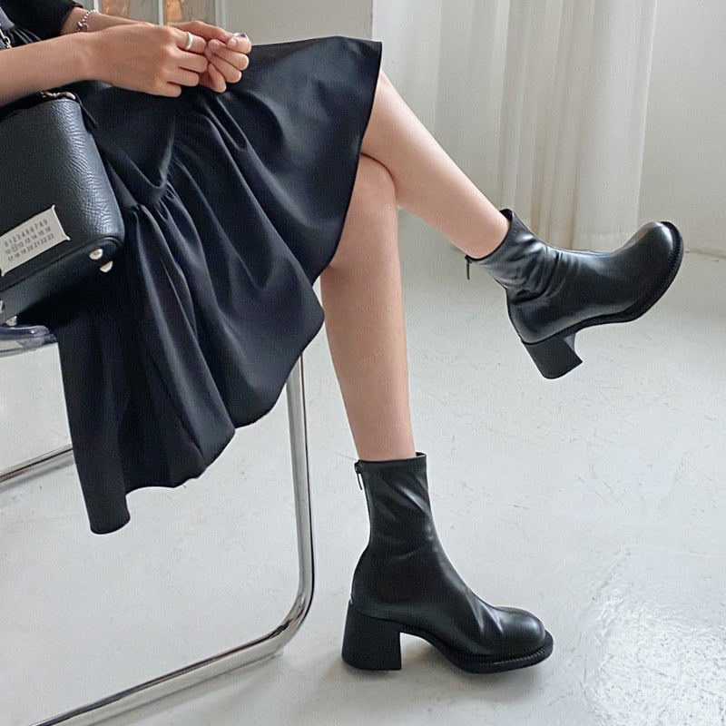 xiangtuibao Sexy Black Women Ankle Boots Chunky High Heel Elastic Sock Boot Ladies Shoes Round Toe Slim Fit Short Booties Autumn Botas Mujer