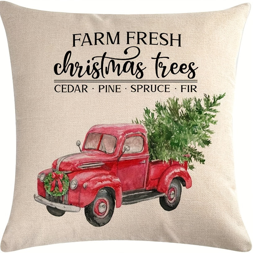 2-Pack 18x18 Inches Farm Fresh Christmas Trees & Red Truck Design Linen Throw Pillow Covers, Machine Washable Zippered Pillowcases for Contemporary Home Decor