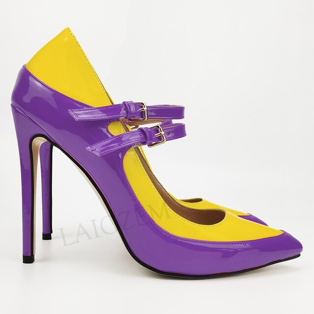 Pinpaixiong Color Contrast Women Heels Buckle Straps Desgin 12CM High Heels Shoes Women Scarpe Donna Tacones Size 34 43 44 47