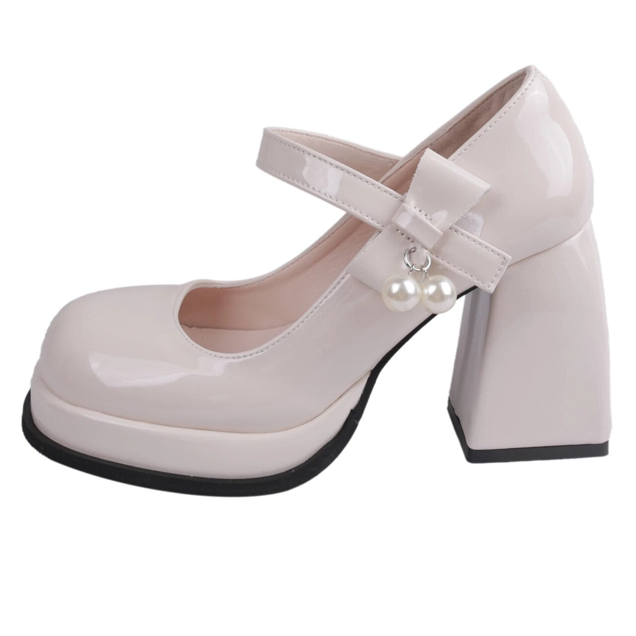 xiangtuibao Platform High Heels Pumps Women Patent Leather Black White Mary Jane Lolita Shoes Woman Pearl Bowtie Buckle Party Shoes