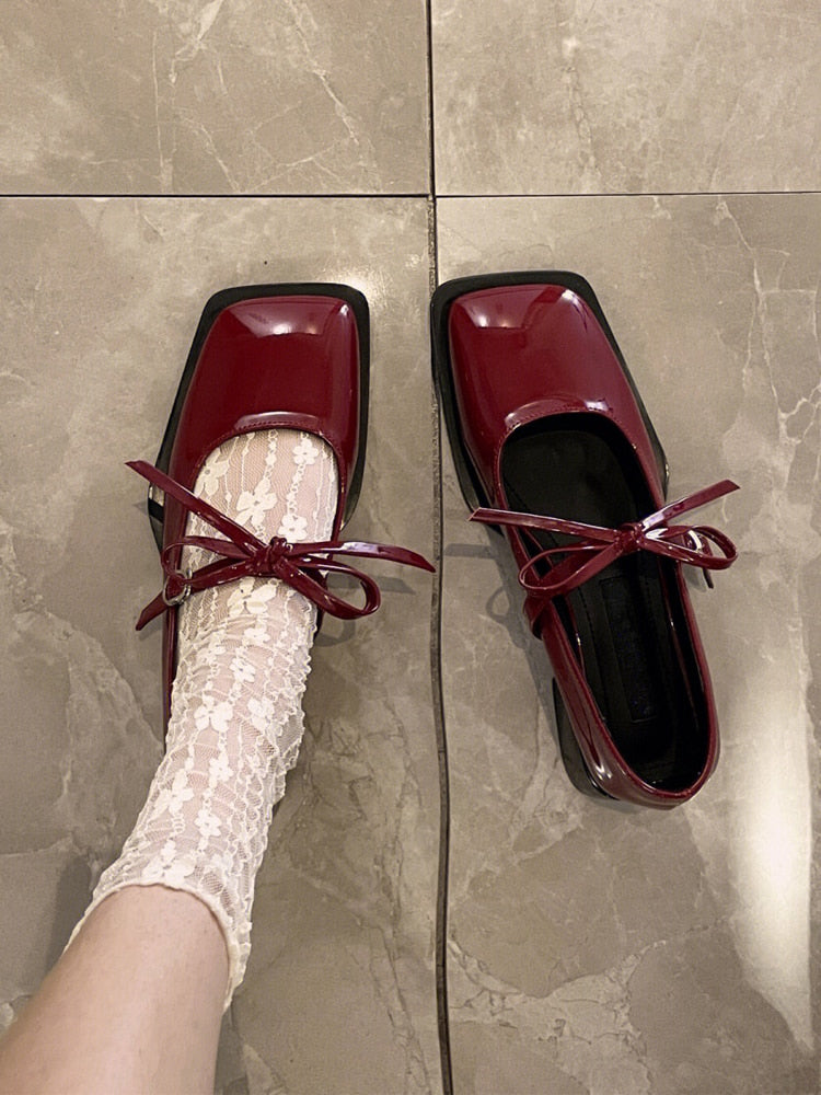 xiangtuibao Sweet Date Red Mary Jane Pumps Lady Square Head Chunky Heel Shoes Spring Bowknot High Heels Women Retro Sweet Leather Shoes