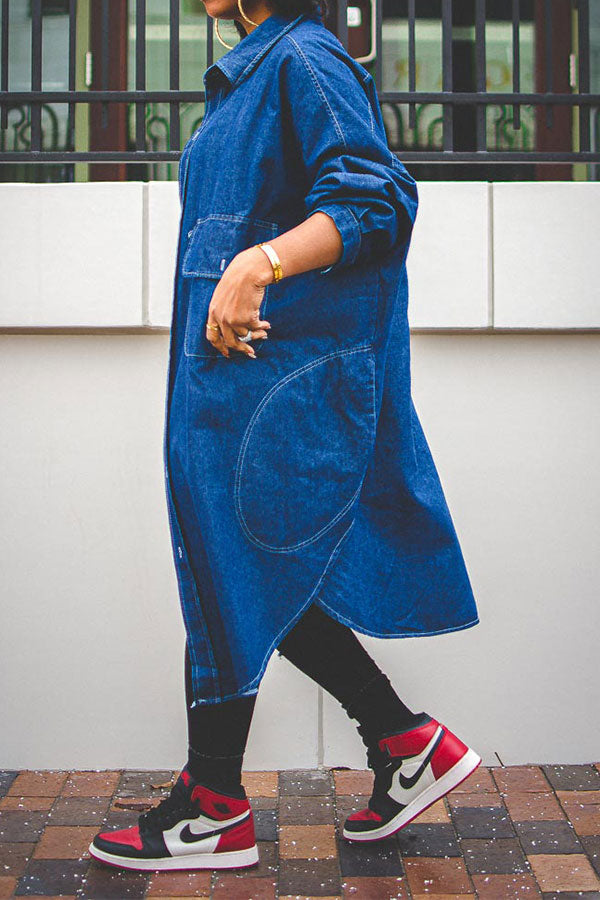 xiangtuibao Solid Color Relaxed Pocket Irregular Denim Trench Coat