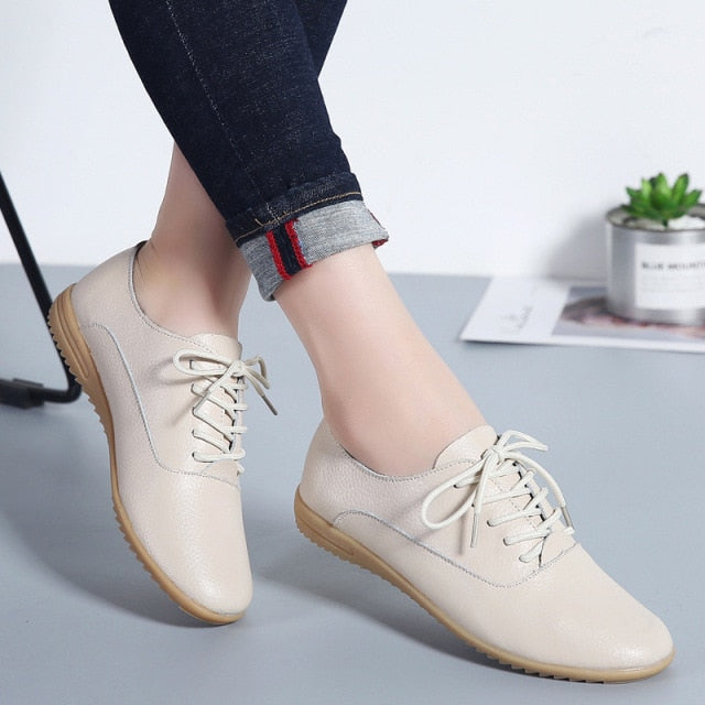 GHJIOL Spring Women Oxford Shoes Ballerina Flats Shoes Women Genuine Leather Shoes Moccasins Lace Up Loafers Zapatos Mujer