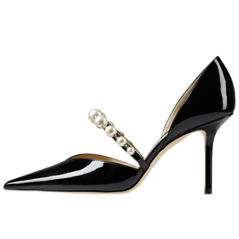 xiangtuibao White Pearl Chain Strap High Heel Shoes Pink Satin V Cut Pointed Toe Shallow Wedding Bride Shoes Slip On Shallow Women Pumps