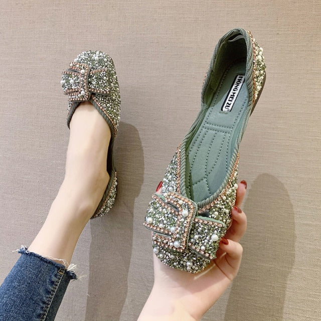 Women Ballet Flats Bling Crystal Diamond Dress Flats Ladies Bow Sequins Single Shoes Rhinestone Glitter Square Toe Size 43