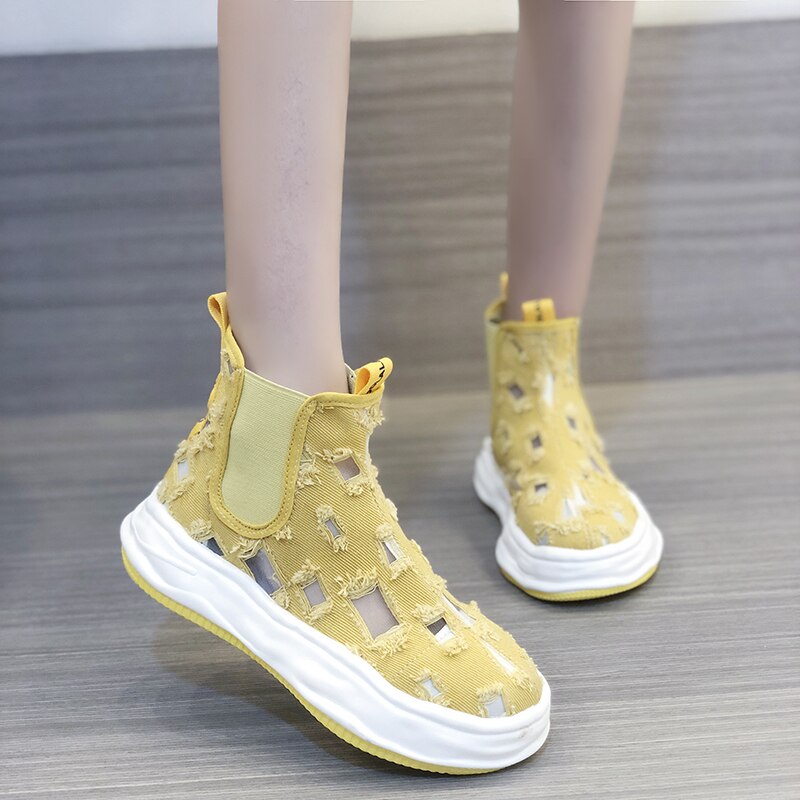 Lucyever Women Flat Heels Ankle Boots Canvas Hole Slip on Platform Shoes Woman Summer Autumn Breathable Casual Boots Femme