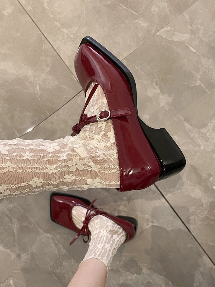 xiangtuibao Sweet Date Red Mary Jane Pumps Lady Square Head Chunky Heel Shoes Spring Bowknot High Heels Women Retro Sweet Leather Shoes