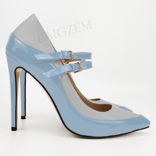 Pinpaixiong Color Contrast Women Heels Buckle Straps Desgin 12CM High Heels Shoes Women Scarpe Donna Tacones Size 34 43 44 47