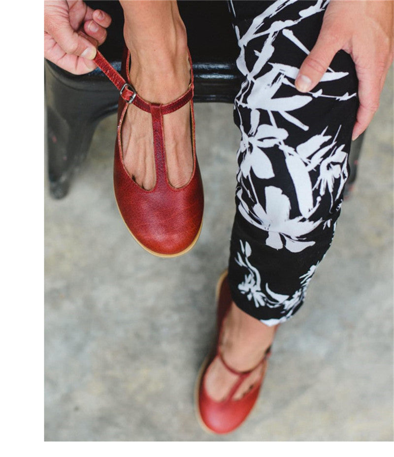 Women Flat Shoes Retro Handmade T-straps Vintage Casual Flats Loafer Shoes Woman Large Size