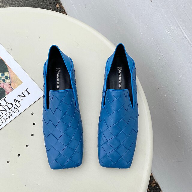 xiangtuibao Fashion Women Flats Square Toe Slip On Loafers Comfortable Ladies Shoes Flats Heeled Casual Spring/Autumn Fashion Blue Shoes
