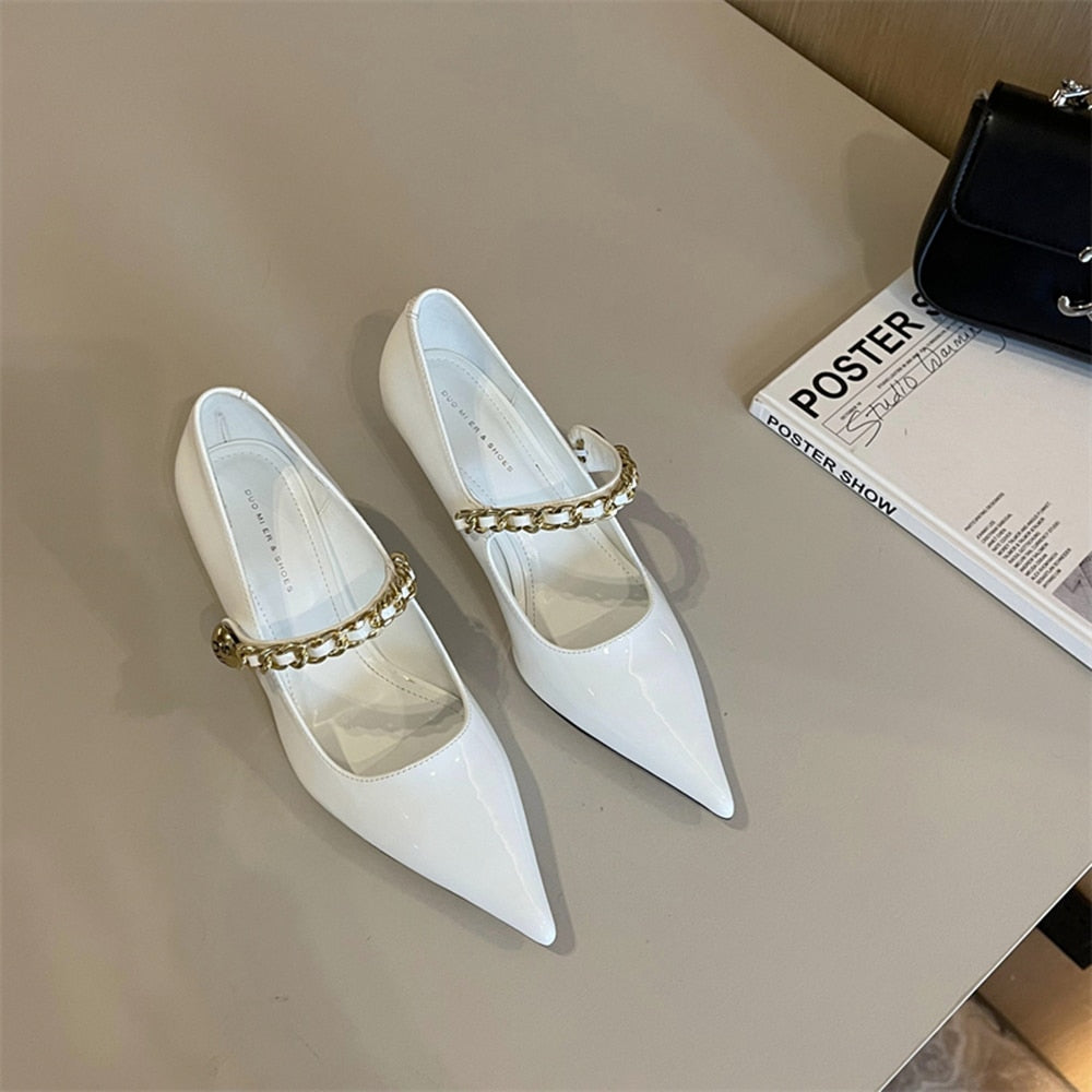 xiangtuibao Patent Leather Women Pumps Pointed Toe Shallow Slip On Black WHite Beige Silver Rhinestone Chain Thin High Heels Dress Shoes 39