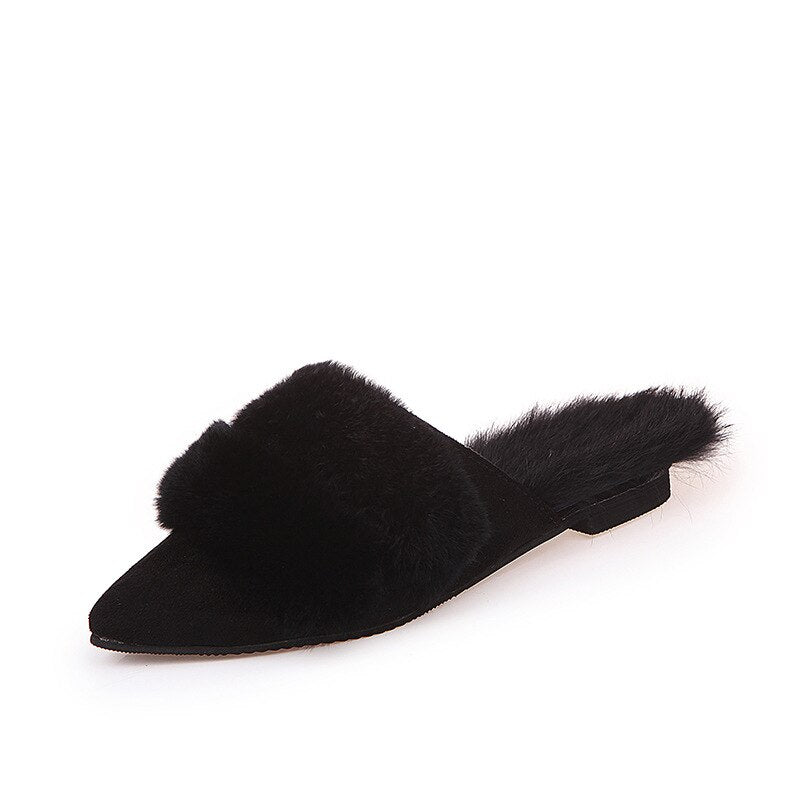 Furry Slides for Women Winter Outdoor Flock Flat Soft Mules Pantoufle Femme Rasteiras Shoes Slides Zapatillas De Casa Mujer Buty
