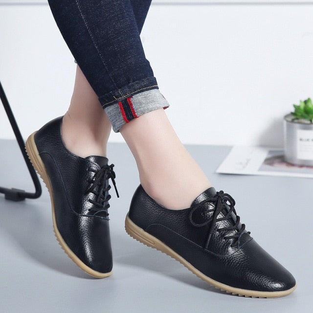 GHJIOL Spring Women Oxford Shoes Ballerina Flats Shoes Women Genuine Leather Shoes Moccasins Lace Up Loafers Zapatos Mujer