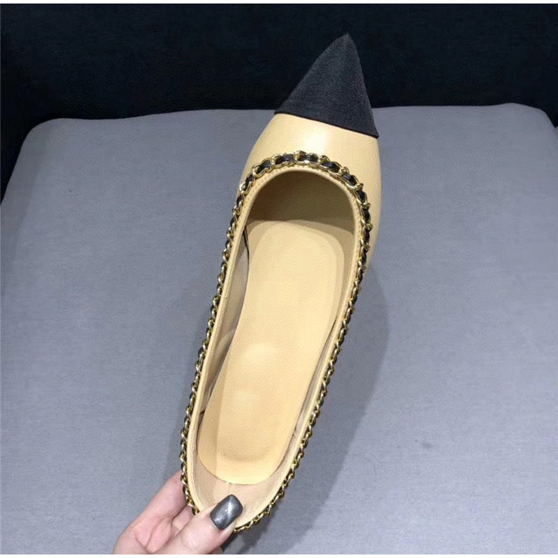 Women Fashion Flats Shoes Genuine Leather Pointed Toe Mixed Color Females Single Shoes Shallow Metal Chain Classic luxury brand