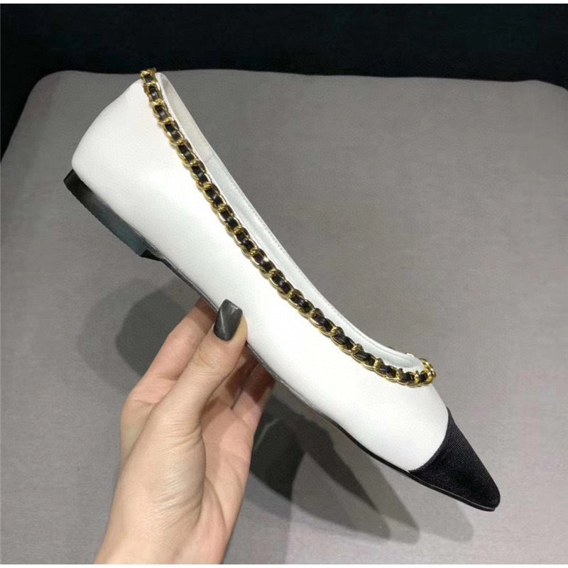 Women Fashion Flats Shoes Genuine Leather Pointed Toe Mixed Color Females Single Shoes Shallow Metal Chain Classic luxury brand