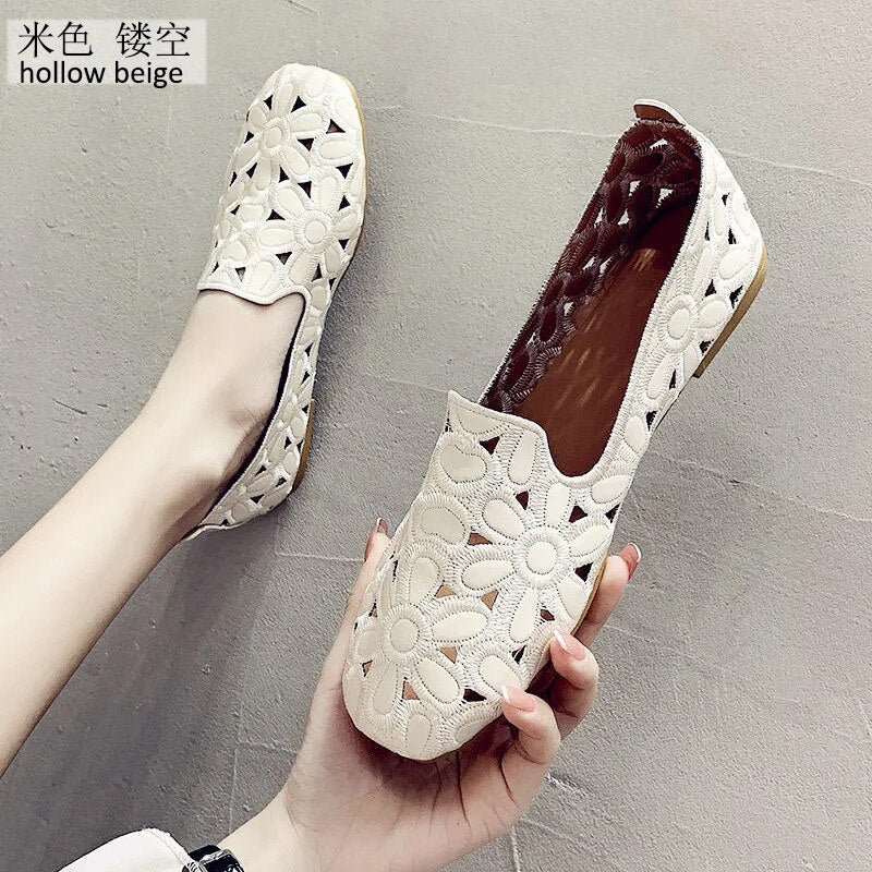 xiangtuibao Square Toe Loafers Women Soft Leather Flats Ladies Hollow Out Flat Shoes Woman Flats Embroidery Loafers