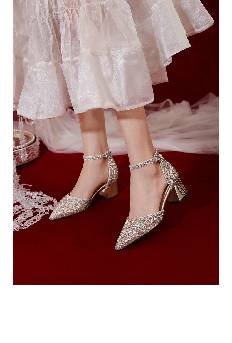 xiangtuibao Wedding Shoes Main Dress Bridal Summer Straight Button High-heeled Female Thick Heel Hollow Crystal Bridesmaid Pumps Shoes