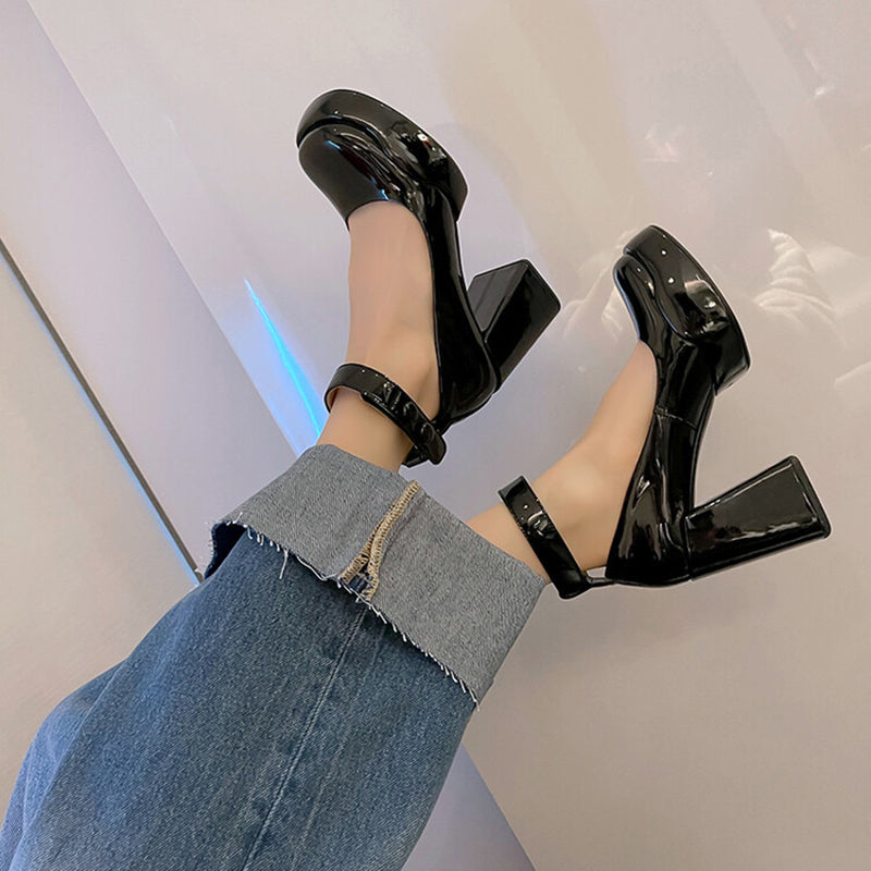 xiangtuibao Patent Leather High Heels Pumps Women Autumn Thick Heel Chunky Platform Mary Jane Shoes Woman Black Ankle Straps Pump Shoes