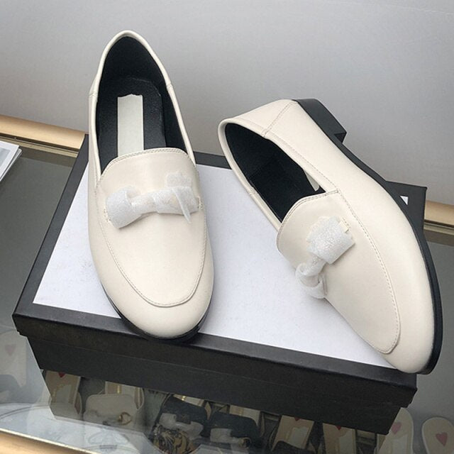 Women's Genuine Leather Loafers Mules Flat Bottom Low Heels Round Toe Autumn Brand Designer Ladies Shallow Casual Shoes