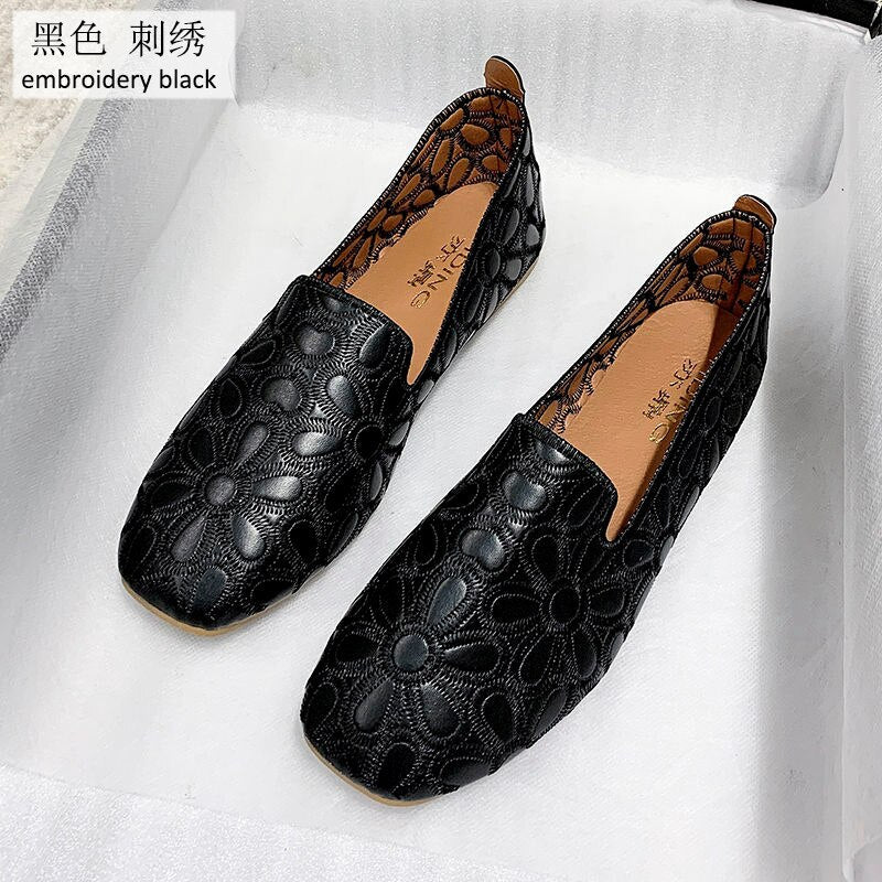 xiangtuibao Square Toe Loafers Women Soft Leather Flats Ladies Hollow Out Flat Shoes Woman Flats Embroidery Loafers