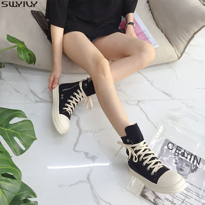 xiangtuibao Canvas Shoes Women Chunky Sneakers Solid Woman Shoes Spring Fashion Black Sneakers For Women Flat Light Ladies Shoe