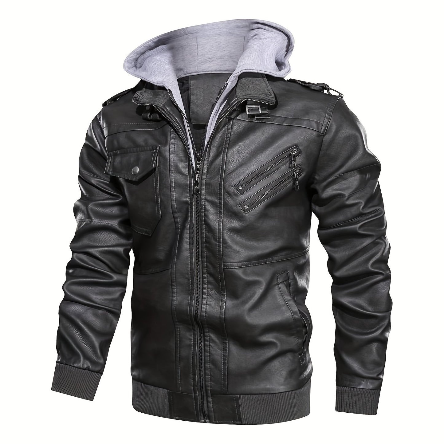 Trendy Mens PU Leather Biker Jacket - Chic Hooded Design with Zip Up Closure - Durable & Stylish Casual Wear