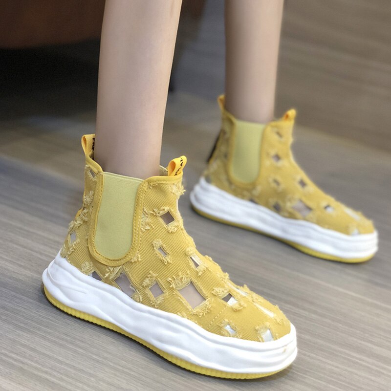 Lucyever Women Flat Heels Ankle Boots Canvas Hole Slip on Platform Shoes Woman Summer Autumn Breathable Casual Boots Femme