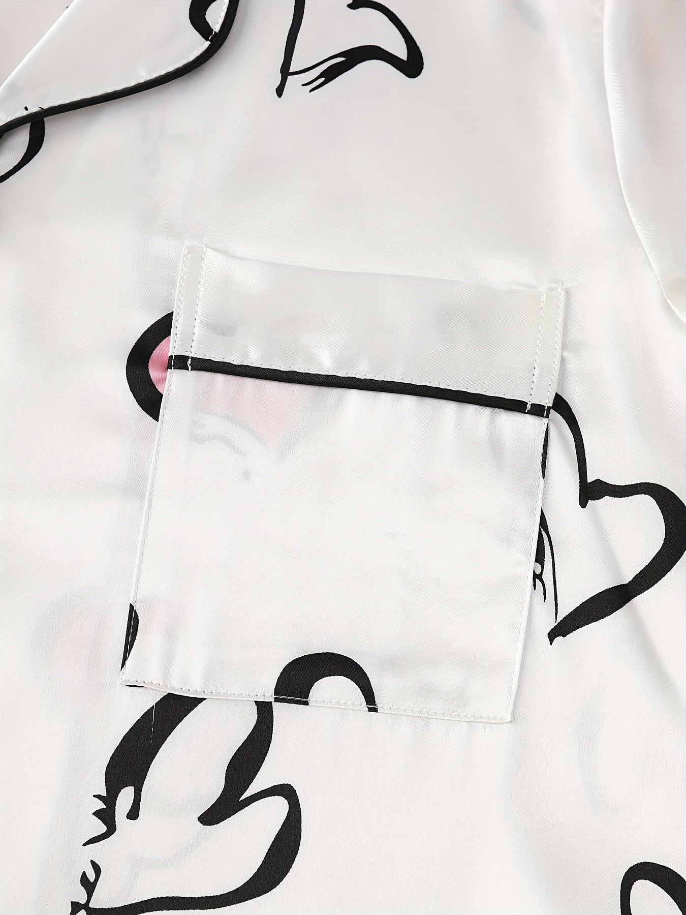 1 Shirt and 2 Trousers Womens Elegant Heart Print Satin Pajama Set - Soft, Relaxed Fit, Short Sleeve, Lapel Collar, Random Printing - Comfortable, Woven, Non-Sheer, All Seasons