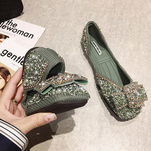 Single Shoes Women's New Style Spring Spring Pearl Sequin Flat Top Shoes Versatile Low-Cut Gentle Fairy Shoes Scoop Shoe