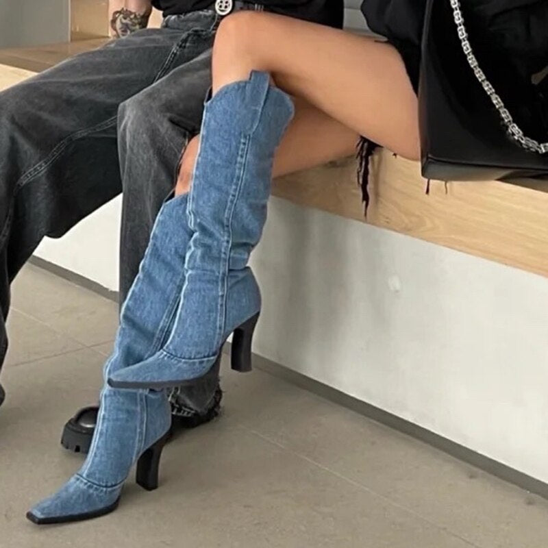 xiangtuibao Western Cowboy Boots women Spring and Autumn New European and American Pointed High Heel below Knee High Leg Boot Sleeve
