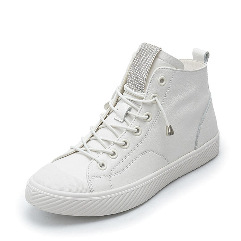 Genuine Leather High Top Platform Sneakers Women Girls Cowhide Sneakers Loafers White Flat Slip on Vulcanized Rubber Sole Shoes