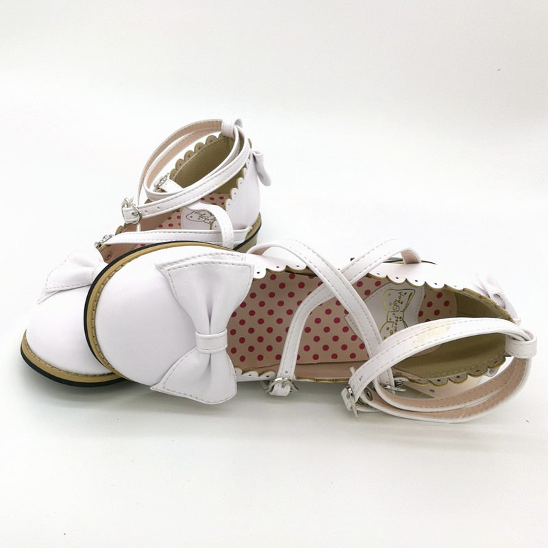 Lolita shoes women flats low round with cross straps bow cute girls princess tea party shoes students lovely shoes size 34-41