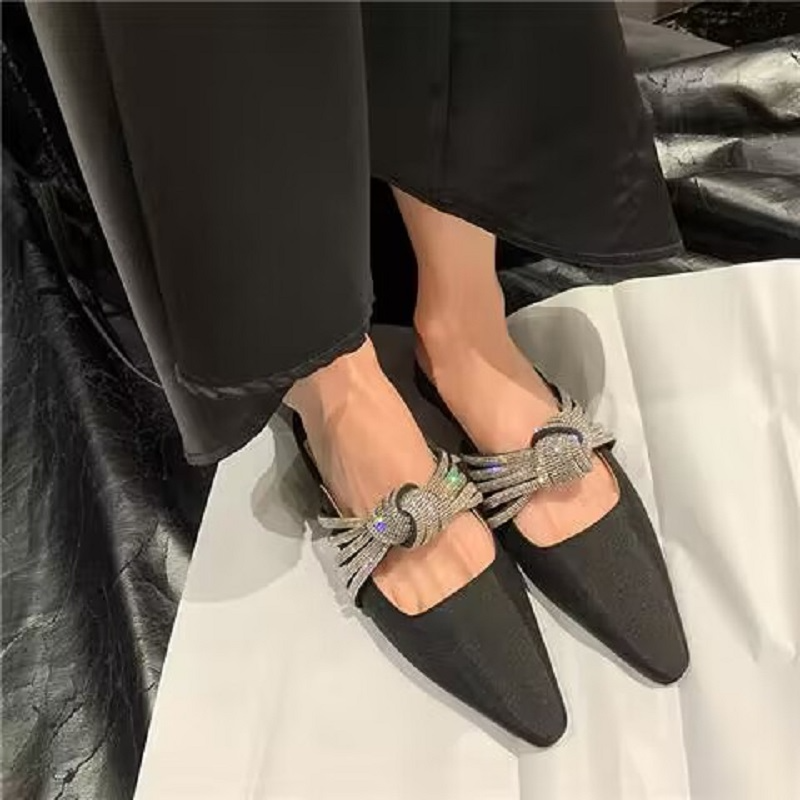 xiangtuibao Spring and summer new cloth retro square head flat back empty women's Mueller shoes rhinestone bow flip-flops
