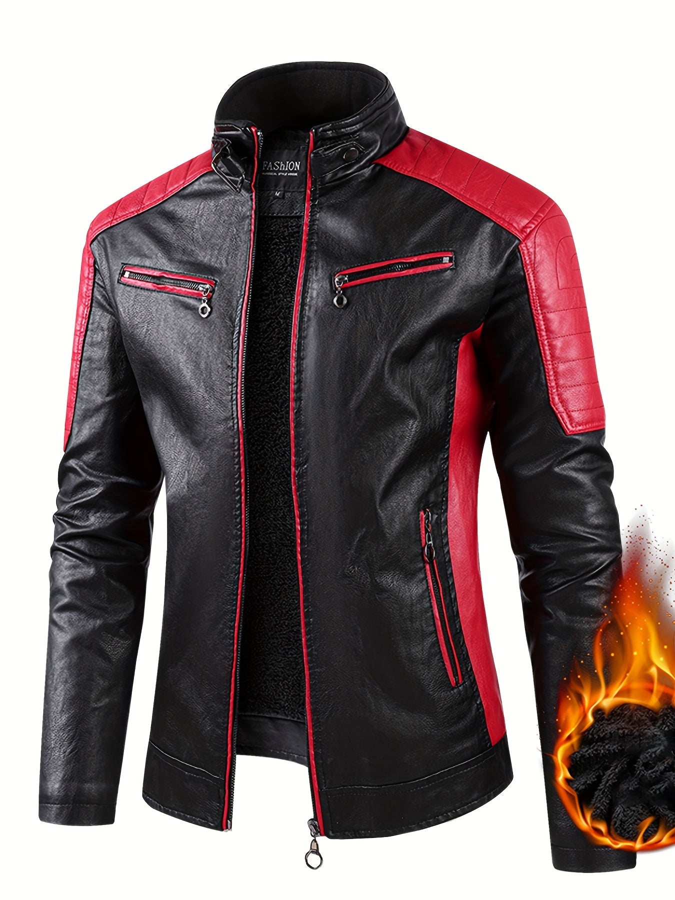 Men's Stylish Warm Fleece PU Jacket | Easy Care, Regular Fit, Solid Color | Chic Winter Casual with Stand Collar