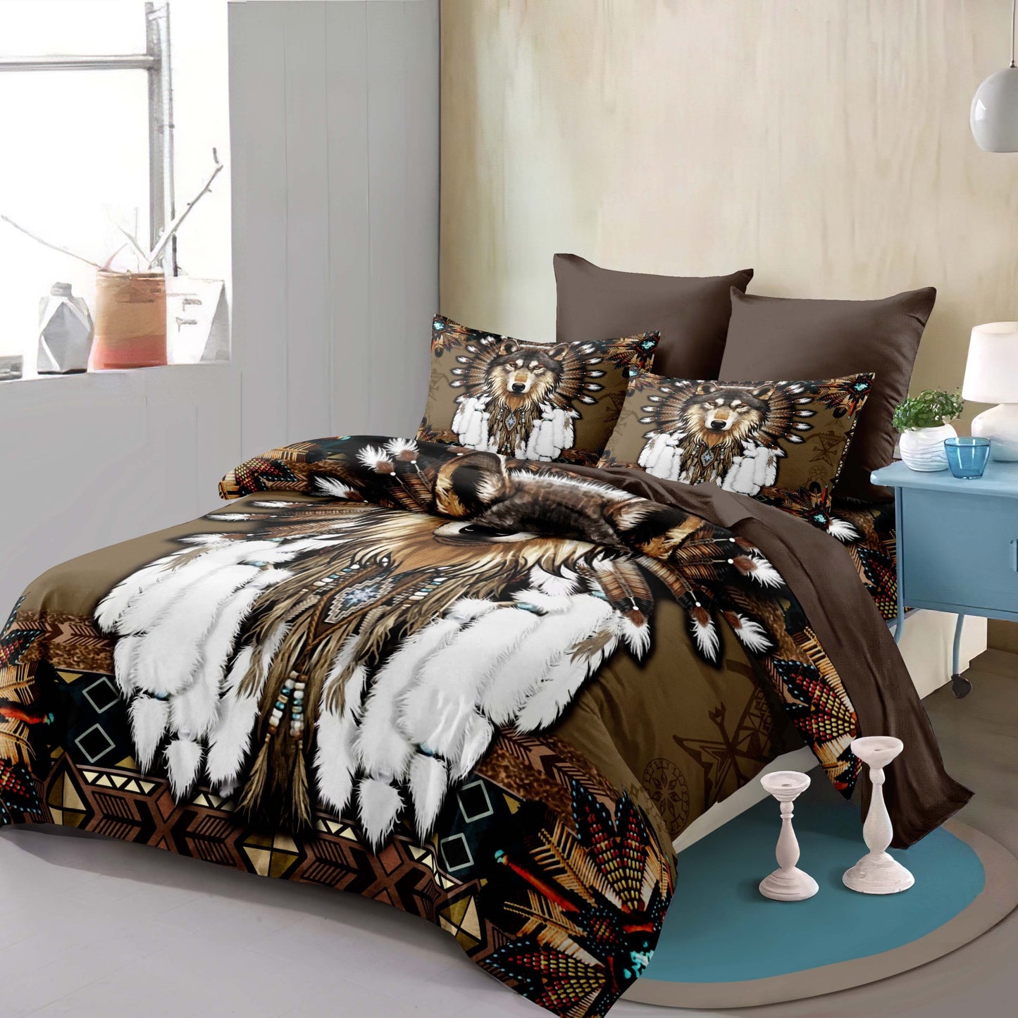 2/3pcs Dreamcatcher Bedding Set - Soft, Comfortable, Ethnic-Inspired Duvet Cover Set with Wolf Pattern for Country-Style Bedroom Decoration - 1 Duvet Cover + 1/2 Pillowcase, Coreless, Easy Care, Hypoallergenic, and Breathable