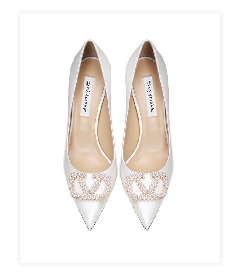 xiangtuibao New Spring Women For Fashion Pointed Toe Stiletto Pumps Sexy White String Bead Wedding Shoes High Heels Party Dress Shoes V