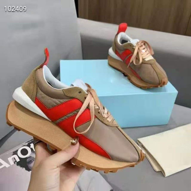 Spring Thick Sole Casual Daddy Shoes Women Flat Mixed Color Lace Up Patchwork Sneakers Outdoor Walk Tennis Shoes Unisex