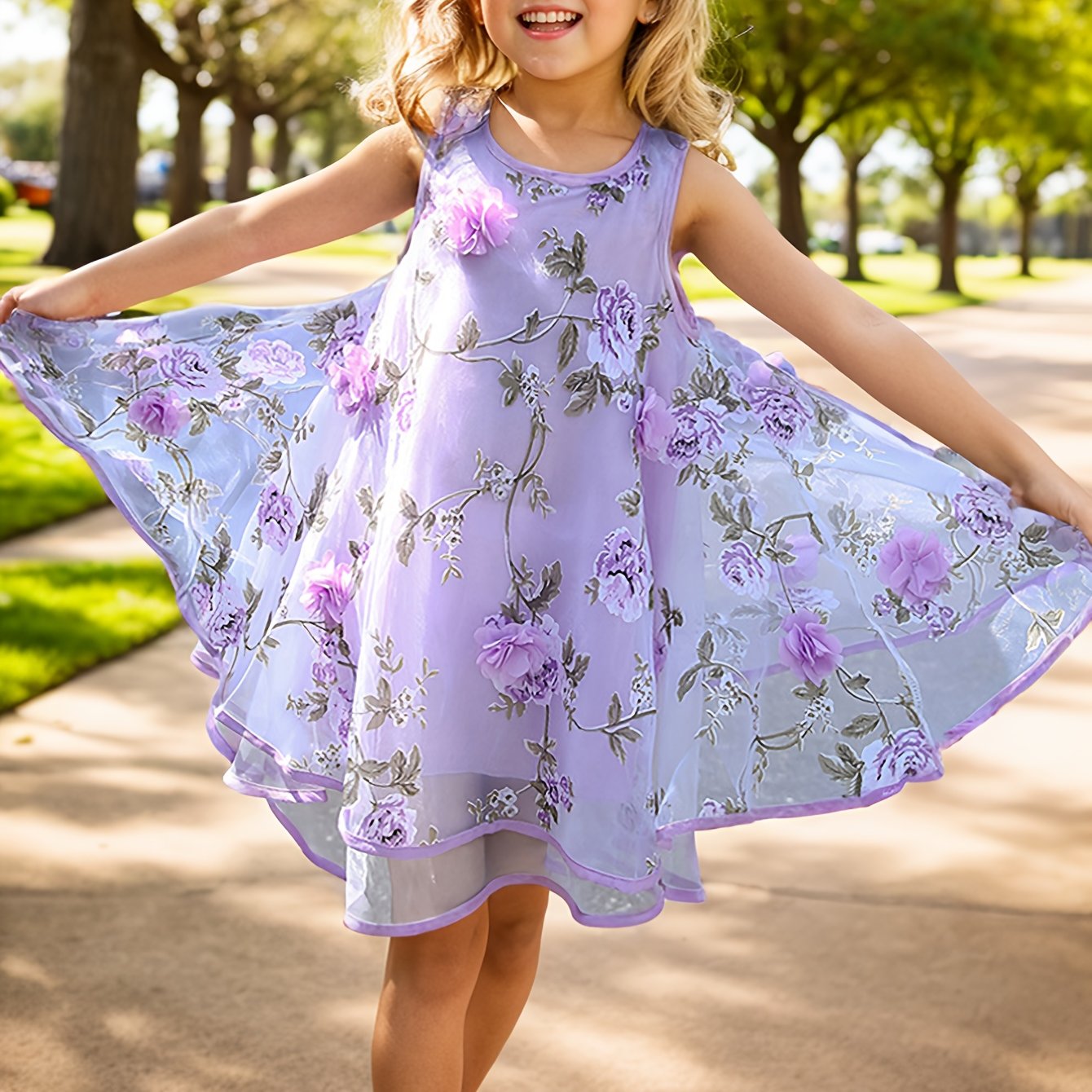2-Layer Chiffon Sleeveless Floral Mesh Overlay Party Dress for Girls - Twist Details, Semi-Sheer, Loose Fit, Crew Neck, Brief Length, Non-Stretch Polyester, All-Season Wear, Casual Style - Perfect for Birthday and Summer Events
