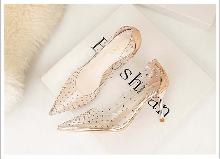 xiangtuibao Transparent high heel women's stiletto pointed wedding shoes rhinestone glass glue, star shoes